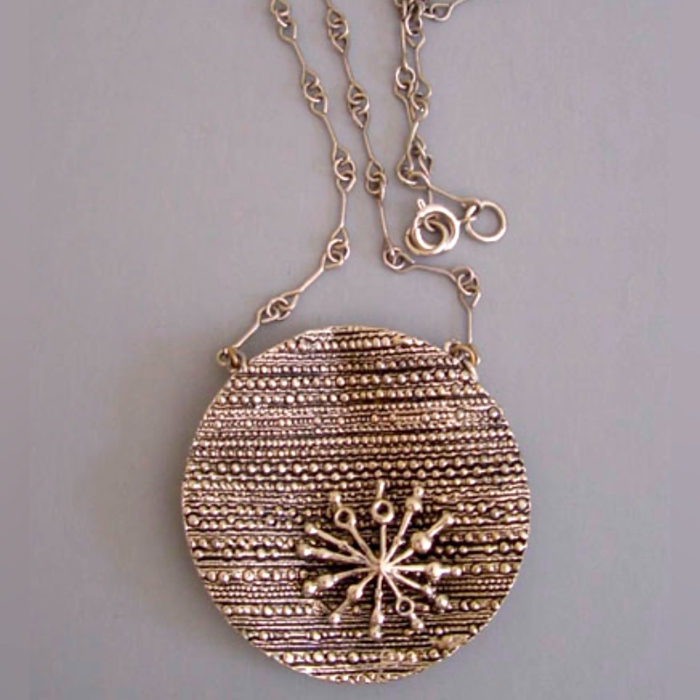 Vintage MCM Starburst Modern Pendant Textured Applied Abstract Necklace 1970s